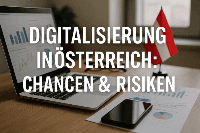 Digitalisierung in Österreich – Laptop, Smartphone und Datenanalysen auf einem Schreibtisch mit Österreich-Flagge.