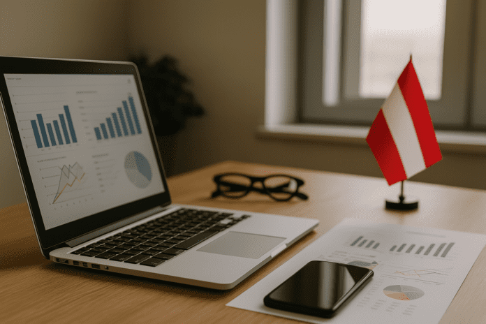 Laptop mit Diagrammen und Österreich-Flagge – Symbolbild für Digitalisierung in Österreich