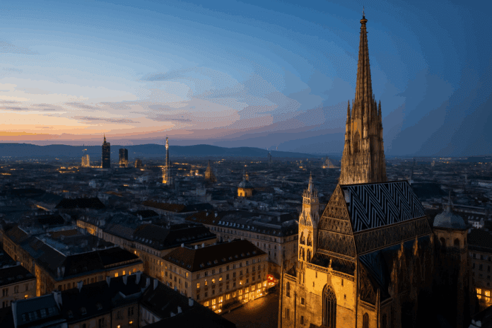 Panoramablick auf Wien bei blauer Stunde mit dem Stephansdom und moderner Skyline