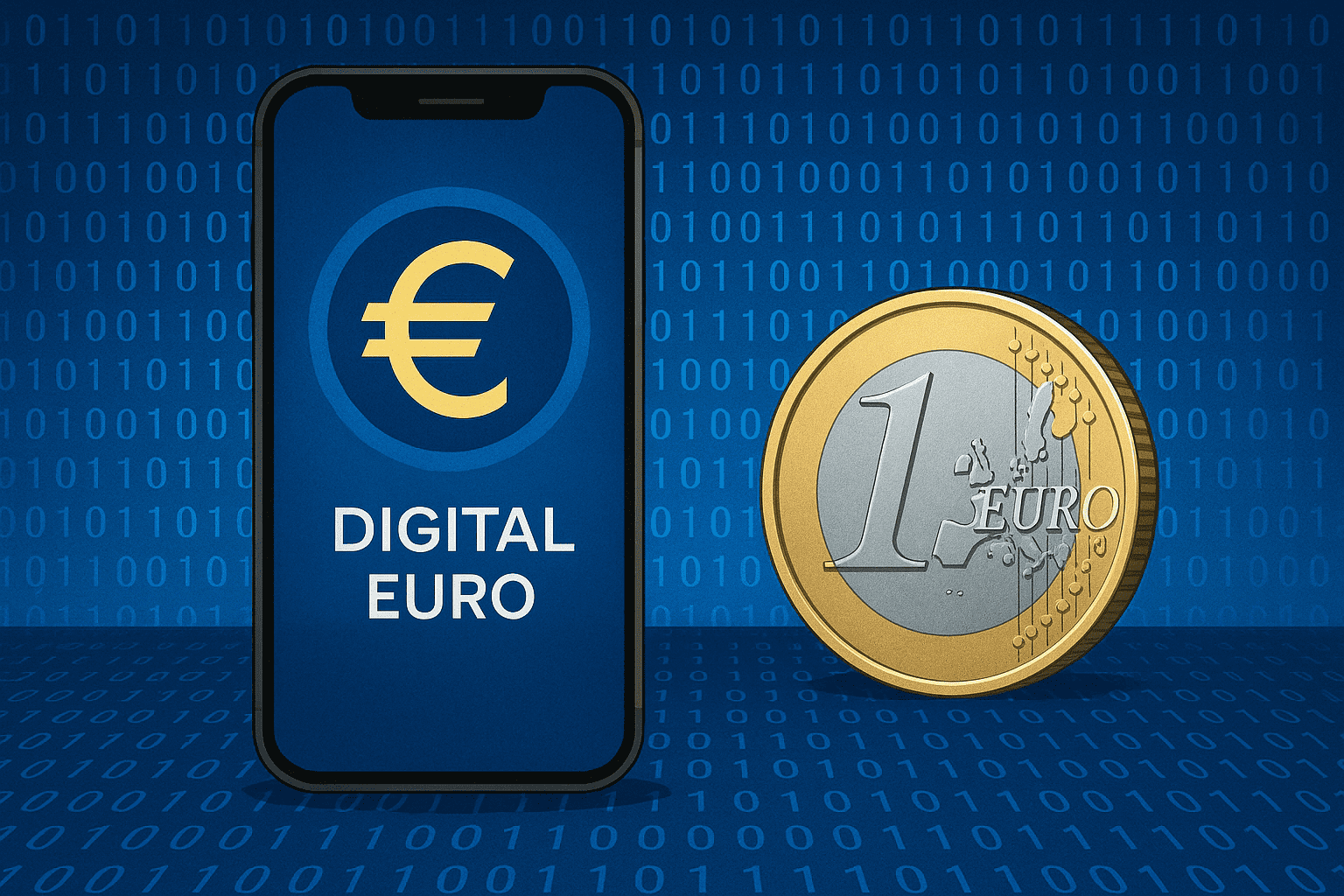 Digitaler Euro Österreich: Smartphone mit digitalem Euro-Symbol neben Euro-Münze